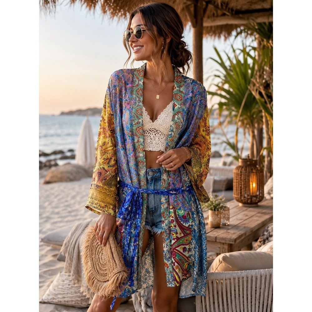 White Waves Silk Blend Patchwork Kimono Wrap Cover Up ✨🌈